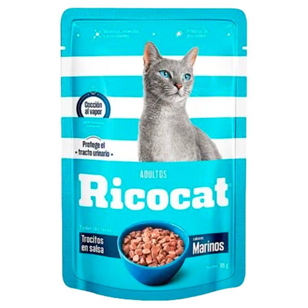 Pack Caja x15 Comida Húmeda para Gato Ricocat Marinos 85gr - Imagen 2