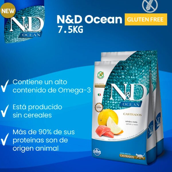 Pack x2 Comida Gato Castrado N&D Ocean Salmón y Melón 7.5 kg - Imagen 3