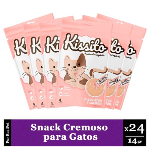 Snack Cremoso Gato Kissito Atún y Salmón 6 sobres x 4 tubos