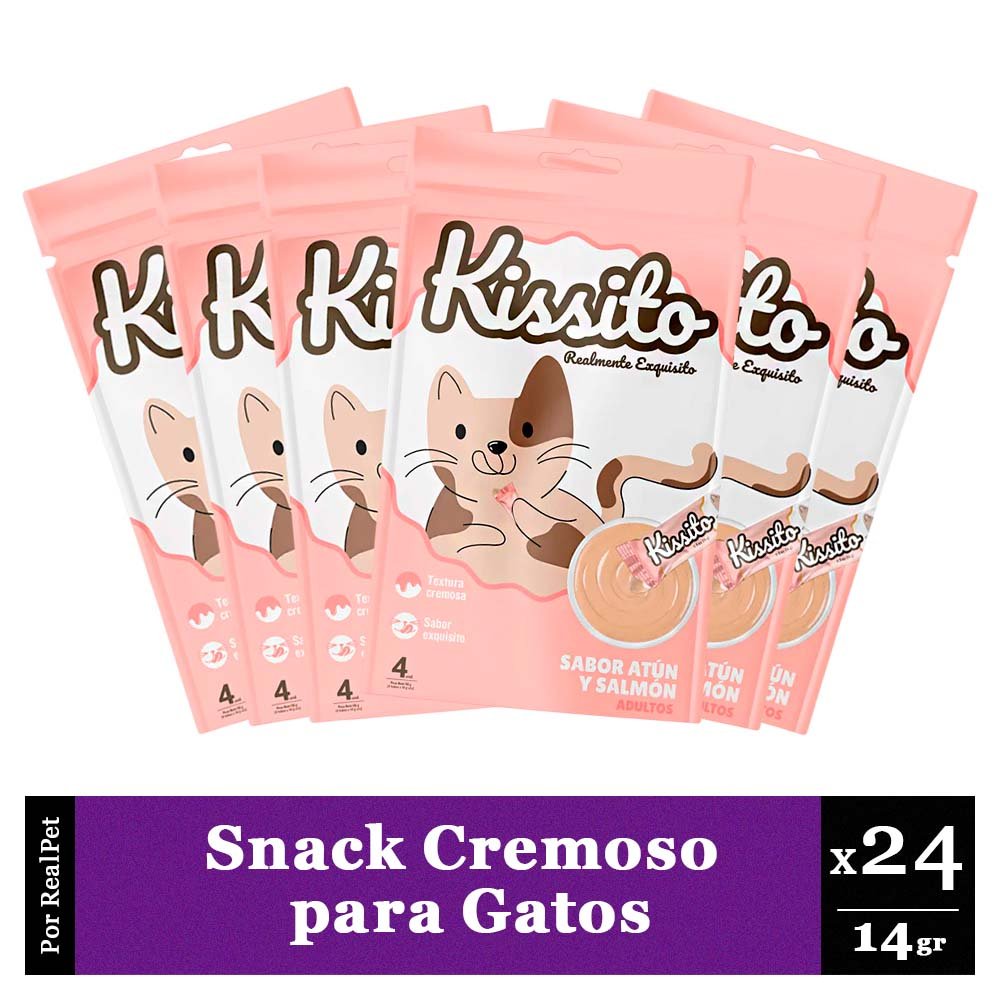 Snack Cremoso Gato Kissito Atún y Salmón 6 sobres x 4 tubos