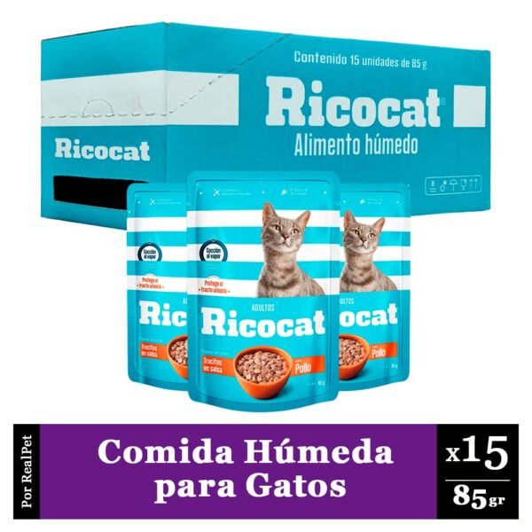 Pack Caja x15 Comida Húmeda para Gato Ricocat Pollo 85gr