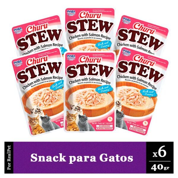 Pack Snack Gato Churu Stew Pollo y Salmón 6 Sobres x 40 gr