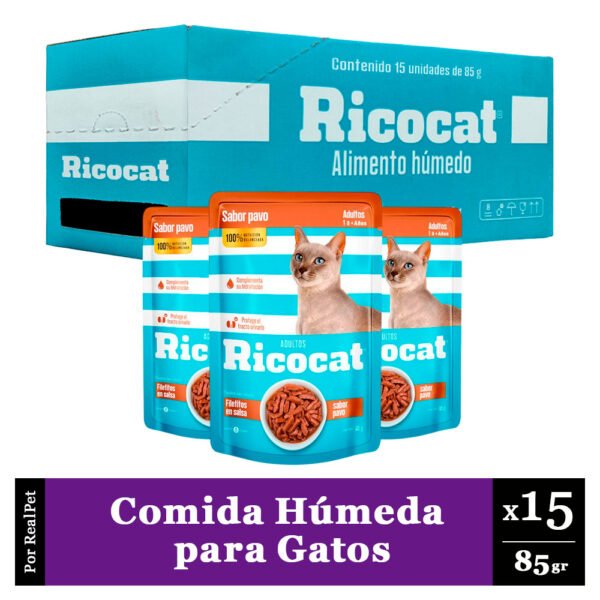 Pack Caja x15 Comida Húmeda Gatos Ricocat Filetito Pavo 85gr