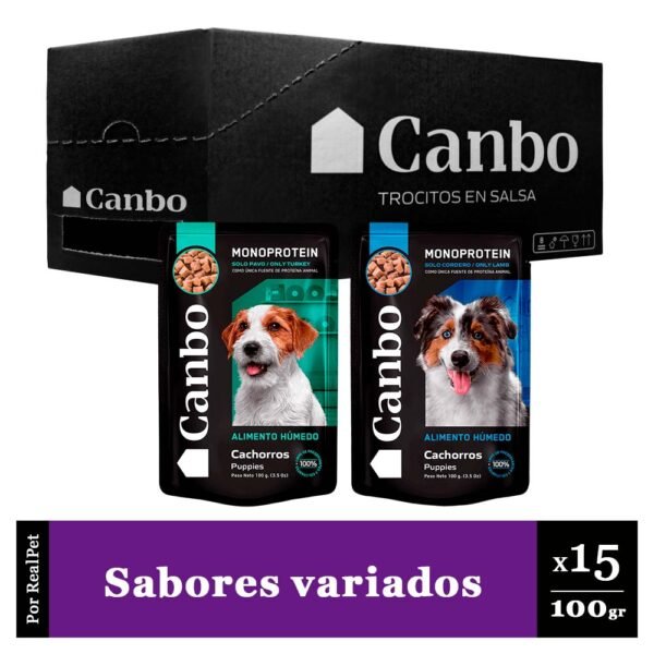 Caja x15 Comida Húmeda de Cachorro Canbo Dos Sabores 100gr